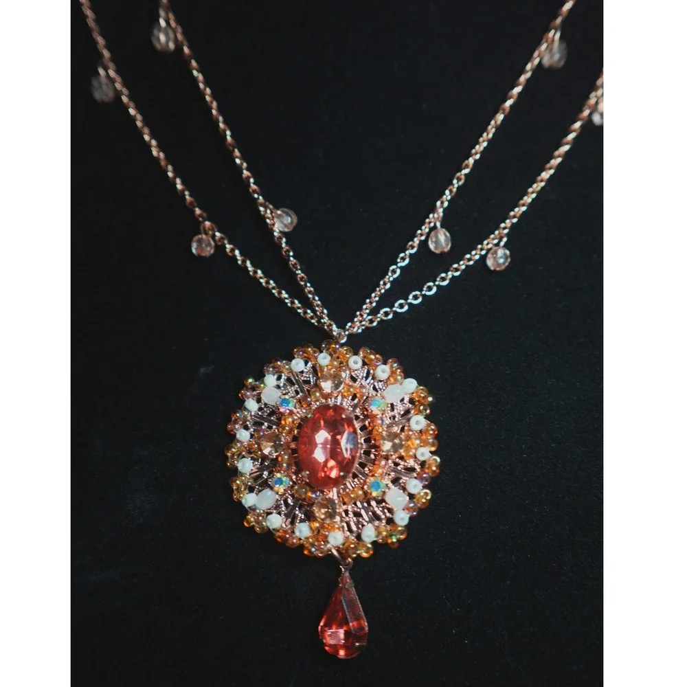 Avon Peach Paradise Rose Gold Tone Layered Medallion Necklace Double Strand